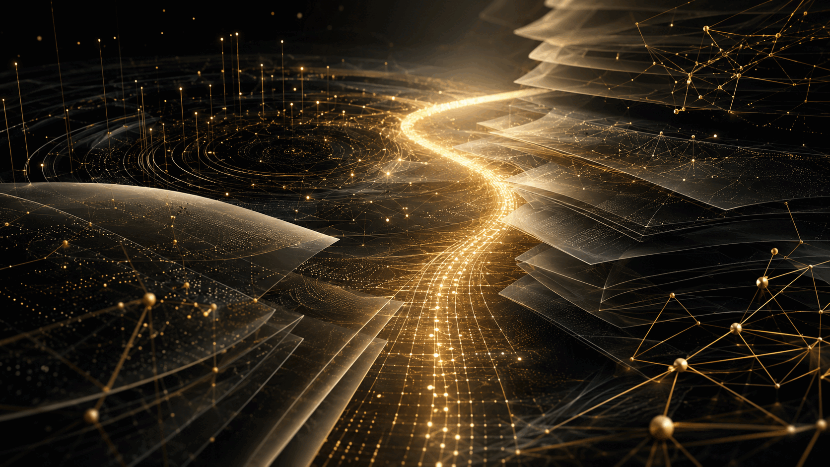 Abstract gold and charcoal layers representing research and connected ideas